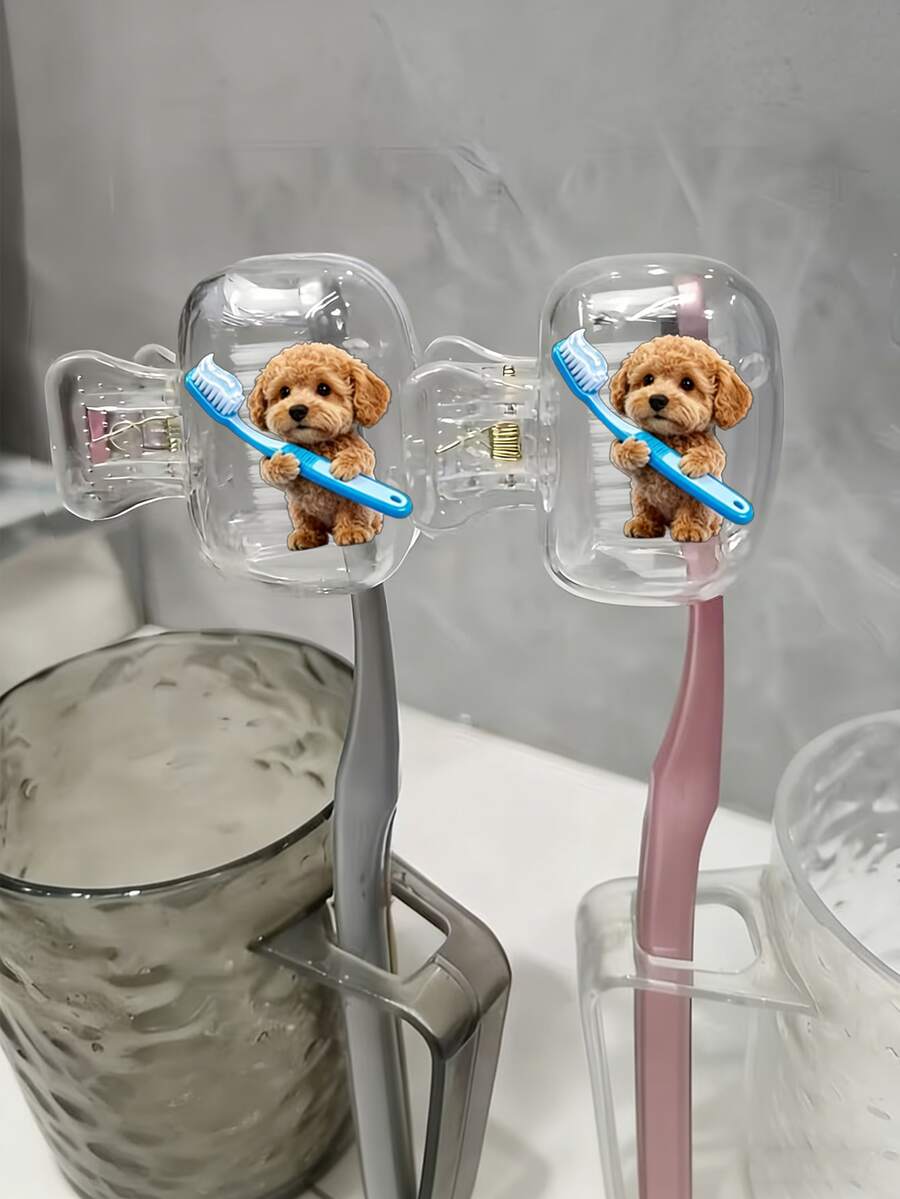 可爱泰迪熊手持蓝色牙刷图案便携式牙刷盖，兼具收纳盒、牙刷保护套的功能，是居家、商务旅行、日常使用和户外旅行的必备浴室配件，小巧便携，兼具装饰性。 - 彩色 - 查看 1