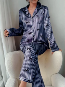 2pcs/Set Women Navy Blue Striped Long Sleeve Pajama Set - Royal Blue - View 3