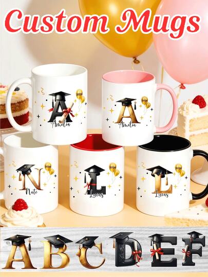 Cốc sứ quà tặng tốt nghiệp cá nhân hóa 11oz, cốc sứ in tên theo yêu cầu, dễ vệ sinh, chất lượng cao, thích hợp cho trà sữa, nước ép, cà phê, nước nóng, bao gồm các chi tiết mũ cử nhân, thạc sĩ và tiến sĩ cùng thiết kế chữ cái.