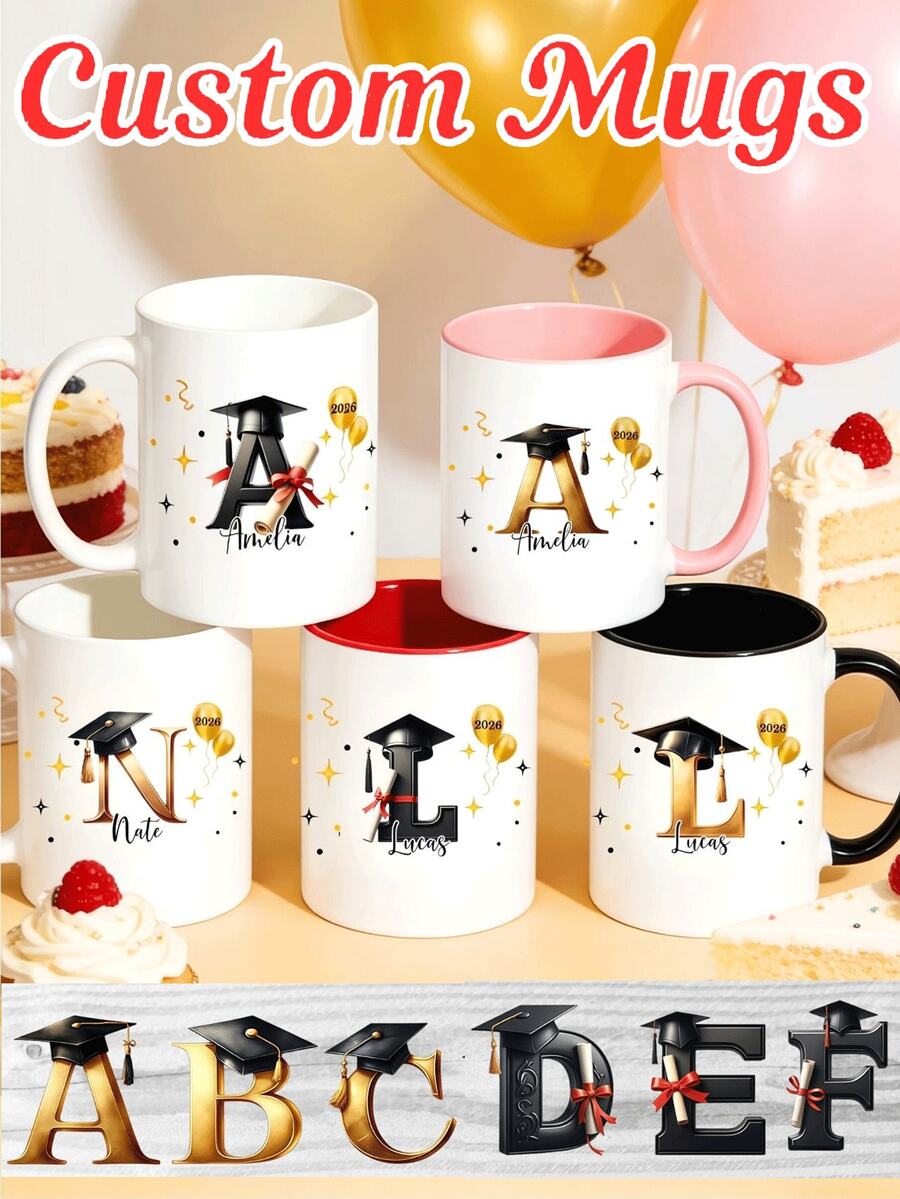 Cốc sứ quà tặng tốt nghiệp cá nhân hóa 11oz, cốc sứ in tên theo yêu cầu, dễ vệ sinh, chất lượng cao, thích hợp cho trà sữa, nước ép, cà phê, nước nóng, bao gồm các chi tiết mũ cử nhân, thạc sĩ và tiến sĩ cùng thiết kế chữ cái. - Nhiều màu 3 - Xem 1
