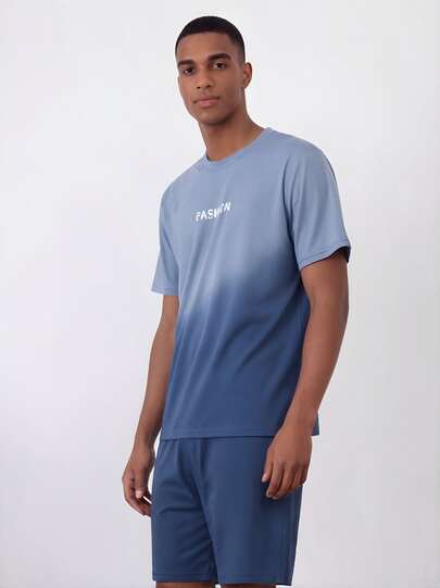 Snug League 男士夏季睡衣套装短袖圆领T恤短裤休闲印花家居服清凉浅蓝色