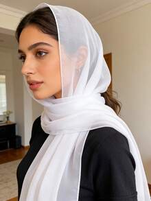 1pc Women's Classic Solid Color Chiffon Scarf, Versatile Silk Scarf For Spring - White - View 3