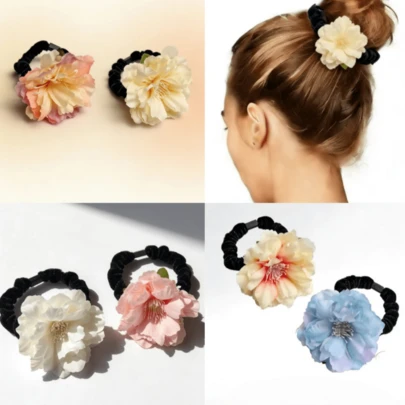 Bộ dây buộc tóc họa tiết hoa Boho - Dây buộc tóc hoa mẫu đơn cổ điển, dây chun nhung mềm mại dành cho nữ, dây buộc tóc đuôi ngựa thanh lịch.
