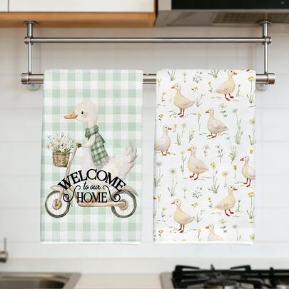 2 piezas Toallas de cocina minimalistas y lindas con estampado de pato ciclista y floral, de material suave de poliéster, adecuadas para la decoración de la cocina, limpieza, decoración de fiestas, artículos esenciales de cocina y baño, decoración del hogar, regalo de inauguración de casa