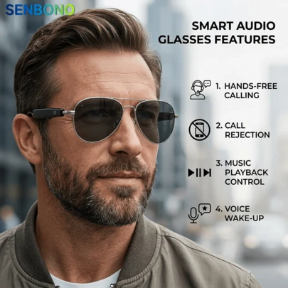  Senbono AI Translation Glasses, Wireless Built-In Microphone/Speaker, High-Definition Voice And Music, AI Voice Control, Hands-Free Calling, Translate Over 100 Languages, USB Magnetic Charging, Fashionable Minimalist Design, Suitable For Office Use