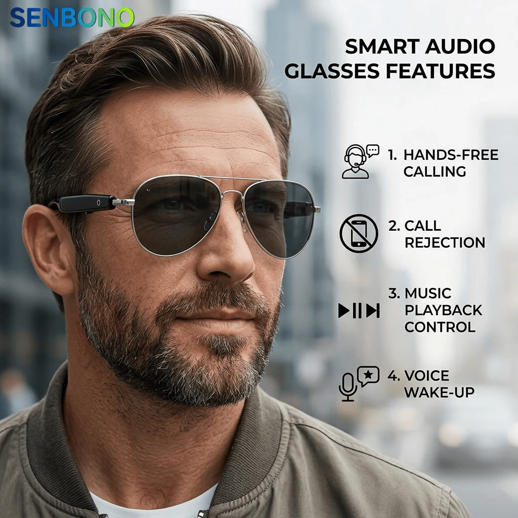 Senbono AI Translation Glasses, Wireless Built-In Microphone/Speaker, High-Definition Voice And Music, AI Voice Control, Hands-Free Calling, Translate Over 100 Languages, USB Magnetic Charging, Fashionable Minimalist Design, Suitable For Office Use - View 1