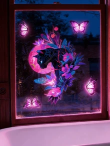 1张夜光紫色花卉小猫窗贴，双面透明静电贴，适用于玻璃，可移除哑光墙贴，适用于客厅、卧室、儿童房、家居装饰、春季装饰、Rama装饰礼品、生日/毕业礼物 - 夜光貼 - 查看 3