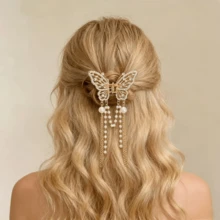 1件装女士金属蝴蝶山茶花人造珍珠流苏发夹，适合半扎发造型，时尚发饰，适合日常休闲装扮，优雅大方。金色发夹，发爪夹，发卡，发夹，发夹，发卡，发夹，发卡，发夹，发卡，发卡，秋冬发饰，适合度假装扮，夏季花朵发夹 - 金色 - 查看 7