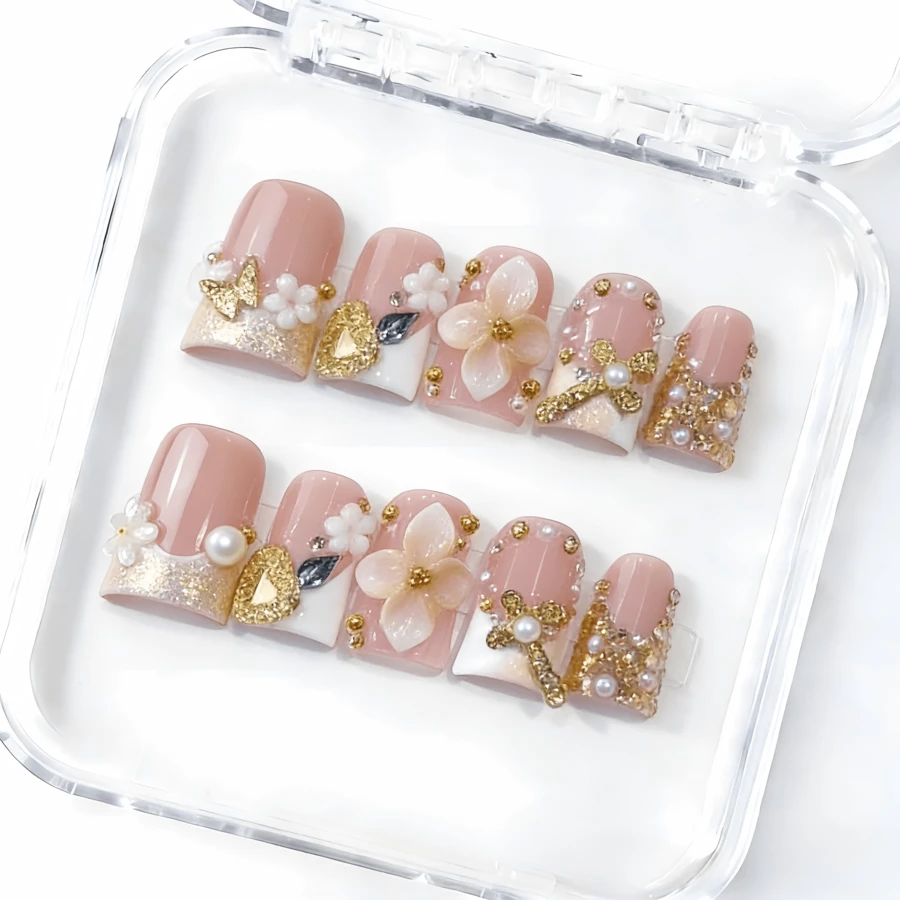 Mnails 10 PCS Handmade Duckbill Press-On Nails | Coquette Y2K Vibrant Pink-White Acrylic Nails, 3D Resin Flowers, Gold Butterfly & Sparkling Rhinestone Edgy Art (Tool Kit Included) - Nhiều màu - Xem 1