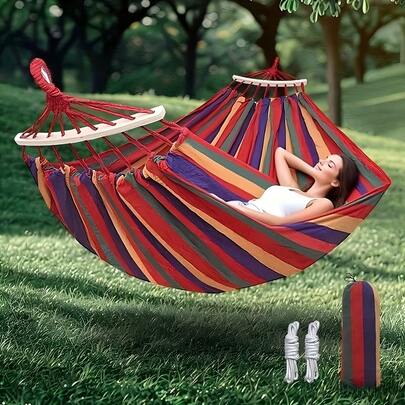 1 Hammock With Support Sticks, Vibrant Striped Fabric Hammock, With Anti-Rollover Design, Sturdy And Durable With 2 Ropes - Perfect For Relaxing In The Yard, Outdoors, Indoors And Camping, Hammock For Outdoor Use