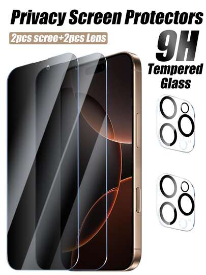 4 en 1 2 paquetes de protectores de pantalla de privacidad para iPhone 17/Air/17 Pro/17 Pro Max/16 Pro Max/15 Pro Max/14 Pro Max/13/12/11 Pro Max, que incluyen 2 paquetes de protector de lente de cámara. Antiespía, vidrio templado, resistente a los arañazos, protector de pantalla de 9H, compatible con fundas.