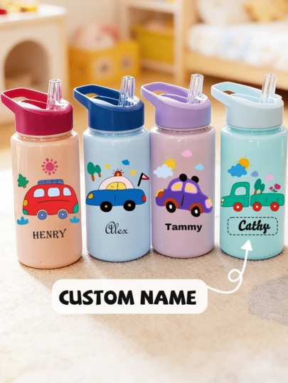 Customizable Name, 500ml Children's Water Bottle With Cute Straw Cup, Best Gift For Girls And Boys For School/Graduation Season, Outdoor Sports Water Bottle, Campus Student Cartoon Cup