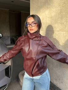 GDDYIN Áo khoác da PU cổ đứng dày dặn phong cách "gái hư" Mỹ cổ điển mới năm 2026. - Màu Đỏ Sâu - Xem 4