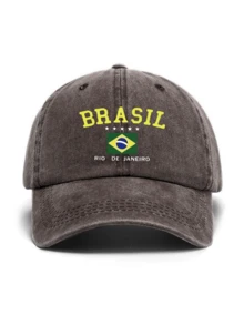 1顶复古水洗夏季遮阳帽，巴西星印花，酷炫嘻哈弯檐帽，可调节尺寸防晒帽，弯檐棒球帽，男女通用，老爹帽，沙滩帽，假日帽 - 水洗帽1 - 查看 6