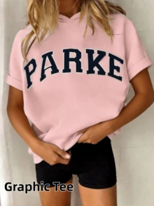 2026 Unisex Casual "PARKE" Letter Print Loose Pullover Sweatshirt, Encountering Lazy Fashion.Casual Daily Wear,Winter Clothes For Women,Clothes,Hoodie,Tops,Spring Break,Long Sleeve Tops Women - 粉色 - 查看 2