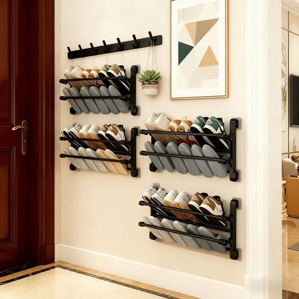1pc Heavy-Duty Wall-Mounted Shoe Rack - No Drill/Glue Installation, Space-Saving Metal Shelf With Multi-Tier Vertical/Horizontal Organizer Suitable For Entryway, Hallway, Small Apartments - Assembly, Sturdy Shoe Storage