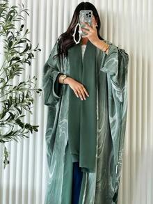 1 Women's Color-Blocked Multi-Color Long Abaya Fashion Casual Cardigan, Color-Blocked Artistic Robe Coat, Made Of High-Quality Cotton And Linen Fabric With A Soft Satin Finish, Exuding Gentleness And Modesty, Suitable For Everyday Wear. - 橄欖綠 - 查看 4