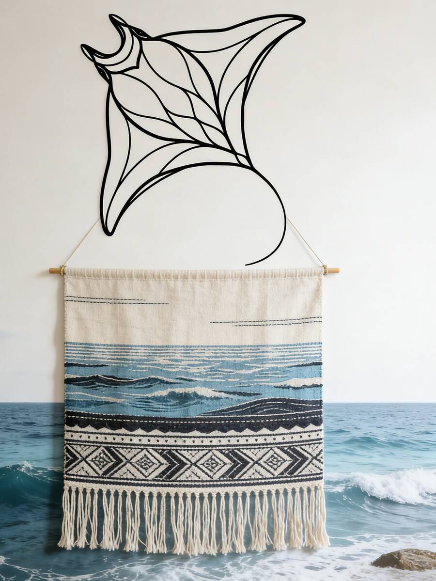 13.88x15.75 英寸大型极简海洋设计蝠鲼金属墙饰，现代工业/海岸/当代家居或办公室装饰 - 乔迁礼物 - 易于悬挂 - 客厅艺术品，时尚金属饰面 - 黑色C - 查看 1