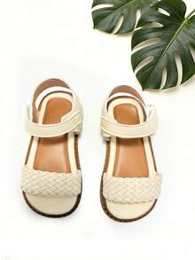 1 Pair Summer Toddler Sandals, Woven Sandals, Cream White Open Toe Design, Hook And Loop Strap, Non-Slip Soft Sole, Children's Versatile Princess Shoes, Suitable For Banquets, Gatherings, Parties, Weddings, Vacations - Beige - View 5