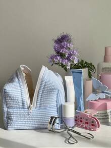 Striped Pattern Fluffy Soft Women's Cosmetic Bag, Zipper Travel Makeup Bag, Cute Plaid Toiletry Bag, Back To School Supplies - 藍白色 - 查看 7