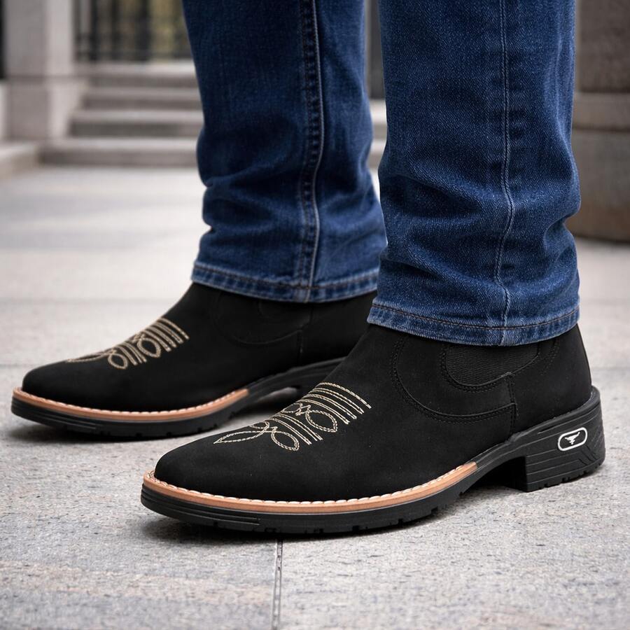 Men's Country Ankle Boot, Casual Suede Cowboy Boot, Comfortable And Durable. - 黑色 - 查看 1
