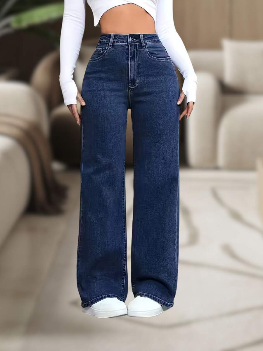 Women's High-Waisted Wide-Leg Plain Denim Jeans - 11.11 - Black - - Rửa tối - Xem 1