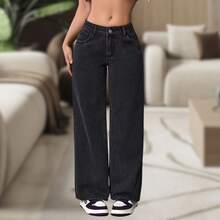Women's High-Waisted Wide-Leg Plain Denim Jeans - 11.11 - Black - - 黑色 - 查看 10
