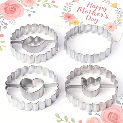 Bộ khuôn cắt bánh quy bằng thép không gỉ 4/6 chiếc dành cho Ngày của Mẹ | Khuôn nướng hình hoa tulip, trái tim, nụ cười, hình tròn để trang trí bánh | Khuôn dập nổi fondant làm quà tặng cho mẹ