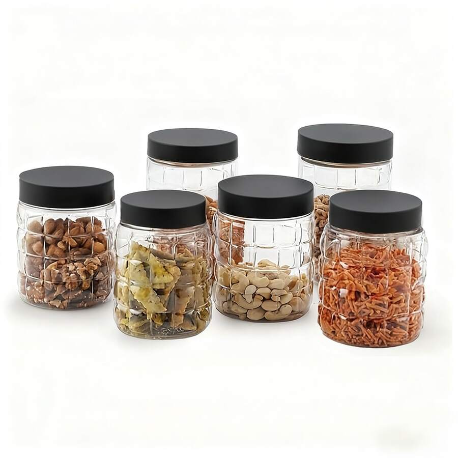 3/6/12pcs 20oz Transparent Plastic Checkerboard Jars With Black Lids, Reusable Storage Containers For Dry Goods, Dried Fruits, Spices And Honey