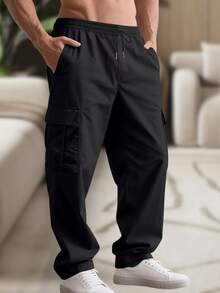 Men's Cargo Pants, Women's, 6 Pockets, Skate Style, Wide Leg, Drawstring Closure - Black - View 2