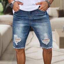 Calça Shorts Jeans Rasgados Masculina Slim Destroyed Moda Linha Premium Original Outlet de fábrica Cor Preto Escuro Medio Claro Branco Bege Amarelo Vermelho - Lavagem Média - Visão 10