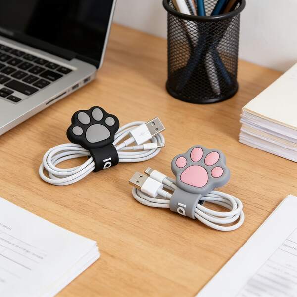 Bộ 2 kẹp giữ dây cáp xoay hình móng mèo hoạt hình | Kẹp giữ dây cáp di động bằng silicon bền | Bộ sắp xếp dây cáp tai nghe/dữ liệu/sạc | Phụ kiện để bàn thủ công