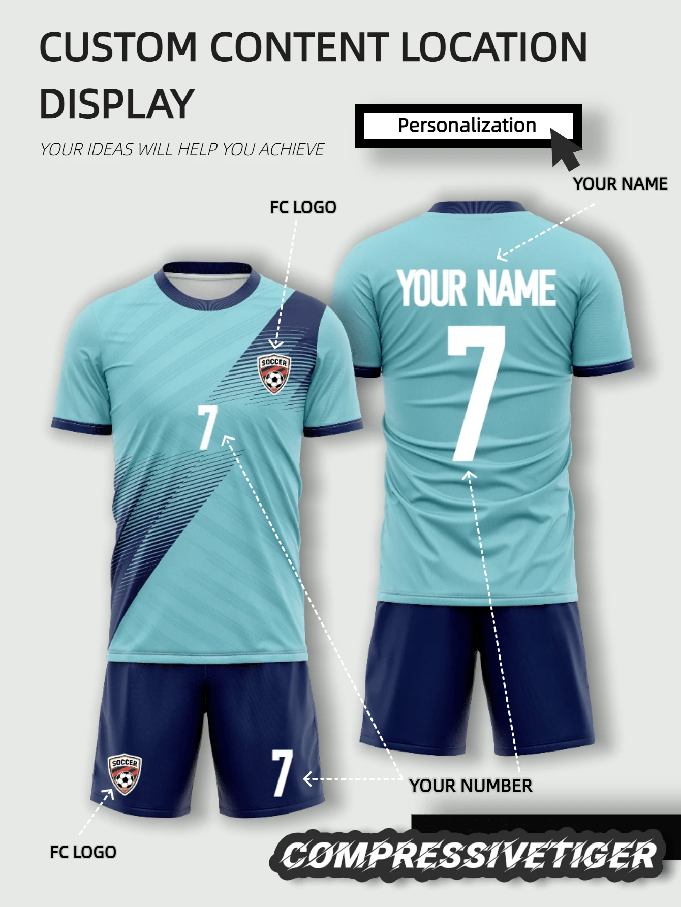 2 piezas Camiseta de fútbol personalizada - Conjunto de camiseta de manga corta con impresión personalizada de nombre y número + pantalones cortos, diseño de dragón, conjunto deportivo de secado rápido, elegante, casual, minimalista, ropa única para hombres, armario cápsula, ropa básica/urbana para hombres, regalo ideal para novio, familia, amigos, adecuado para cumpleaños, vacaciones/feriados, escuela/partido, deportes/escalada - Celeste - Ver 1