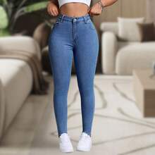 Calça Jeans Feminina Cintura Alta Com lycra elastano Empina Bumbum Premium Promoção Cor Escuro - Lavagem Média - Visão 6
