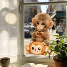 1片可爱小猴子静电吸附玻璃膜，创意动物窗贴，可移除、防水、可重复使用，非常适合装饰客厅和卧室的玻璃门，美观的家居装饰 - 多色 - 查看 11