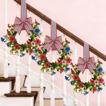 4th Of July Mini Wreaths Decorative Bow Fake Flower Red White And Blue Small Cabinet Wreaths For Home Decor - Green - View 4