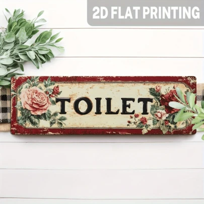 1 件装 2D 平面铁艺印花复古花卉浴室标牌 - 乡村风格，粉色玫瑰和绿色叶子图案，适合客用浴室或化妆间装饰，适用于 11 个节日场合，2D 平面圣诞装饰