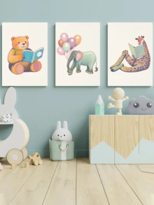 1件装，帆布墙画，带框儿童房墙画，野生动物主题阅读装饰，书房装饰，教室阅读装饰，学习海报，彩色游戏室艺术，书籍主题艺术，幼儿园装饰，房间装饰海报，儿童房装饰艺术，婴儿礼物 - 彩色 - 查看 2