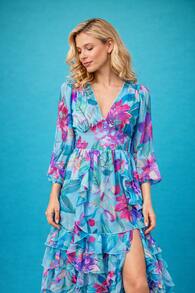 Women's Floral Print Dress With A V-Neck, Fitted Waist And Layered Ruffled Skirt – Long, Flowing Sleeves, A Fluid Silhouette Ideal For Holidays, Evenings Out And Wedding Guests - 淺藍色 - 查看 5