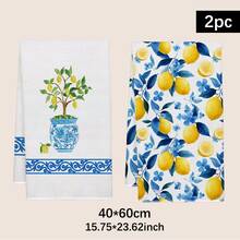 2pcs Summer Watercolor Blue & White Porcelain Vase, Lemon Tree Lemon Pattern Kitchen Towels, Soft Polyester Material Dish Cloths, Suitable For Kitchen Decor, Cleaning, Holiday Party Decoration, Kitchen & Bathroom Essentials, Home Decor, Housewarming Gift - Multicolor - View 3