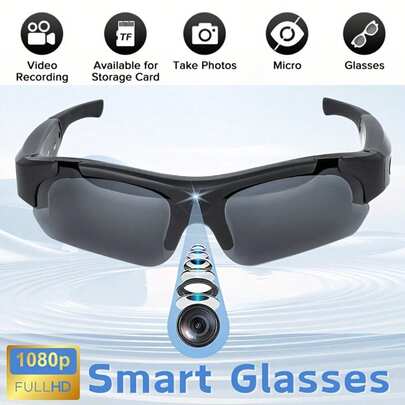 1080P HD Smart Glasses Camera, Comes With 64GB/16GB Storage Card, Suitable For Outdoor Sports, Travel And Camping Video Recording, Black ABS Frame, Rechargeable Lithium-Polymer Battery, Eye-Protecting Design, High-Definition Lens, Fashionable And Lightweight