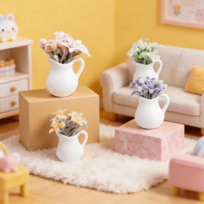1pc Milk Bottle Flocked Flower, Miniature Floral, Dollhouse Realistic Potted Plant, Mini Flower Decor, Artificial Flower Decor, Decorative Flower, Floral Model, DIY Craft Accessory, Dollhouse Living Room Bedroom Floral Decor, Micro Scene Photography Prop, 8cm X 6cm For OB11 Small Doll BJD Miniature Model
