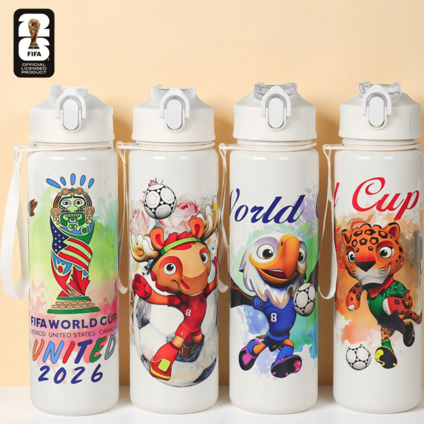 FIFA 2026足球迷必备卡通吸管水瓶，卡通球队吉祥物，绳柄防漏杯，便携式办公健身运动水瓶，足球迷收藏礼品