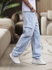 Men's Cargo Pants, Women's, 6 Pockets, Skate Style, Wide Leg, Drawstring Closure - Light Wash - View 3