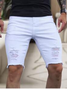 Men's Slim Fit Ripped Denim Shorts, Destroyed Style, Premium Fashion Line, Original Factory Outlet. Colors: Dark Black, Medium Black, Light Black, White, Beige, Yellow, Red - 白色 - 查看 3