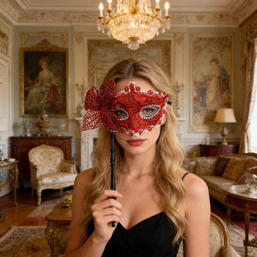 Máscara de mujer con asa, máscara de fiesta, máscara de media cara, adecuada para usar en Halloween. La máscara tiene algunos rastros residuales menores de pegamento. Por favor, tenga cuidado al tomar fotos si le preocupa esto.