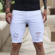 Men's Slim Fit Ripped Denim Shorts, Destroyed Style, Premium Fashion Line, Original Factory Outlet. Colors: Dark Black, Medium Black, Light Black, White, Beige, Yellow, Red - 白色 - 查看 11