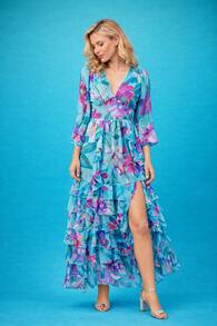 Women's Floral Print Dress With A V-Neck, Fitted Waist And Layered Ruffled Skirt – Long, Flowing Sleeves, A Fluid Silhouette Ideal For Holidays, Evenings Out And Wedding Guests - 淺藍色 - 查看 8