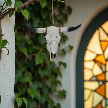 1件树脂复古牛头挂饰 - 空心雕刻牛头骨墙饰配件，室内/室外农舍风格墙面装饰工艺品 - 白灰 - 查看 9