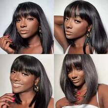 2*4 Lace Brazilian Human Hair Wig With Bangs Remy Straight Bob Wigs Lace Closure Full Machine Made Wig For Women 8-14 Inches Non Lace Bob Wigs 200% Density Glueless Wigs - 2*4 lace - 查看 7
